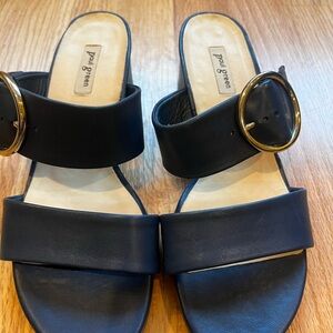 Paul Green Navy Blue Leather Block Heel Slide Sandals with Gold Buckle